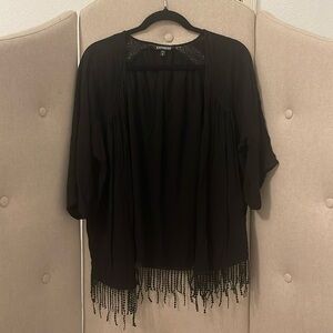 Express Black Short Sleeve Kimono with Lace Detail and Fringes XS